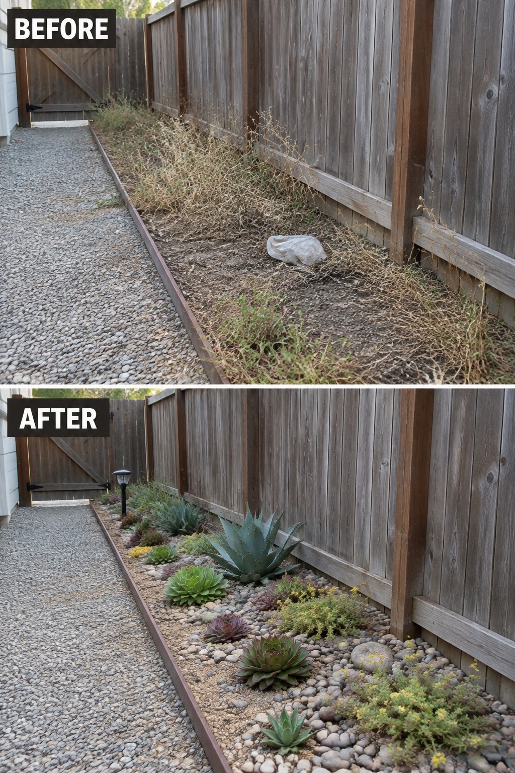 Before-and-after image of an overgrown strip along a wooden fence changed into a planted garden bed with succulents and river rock.