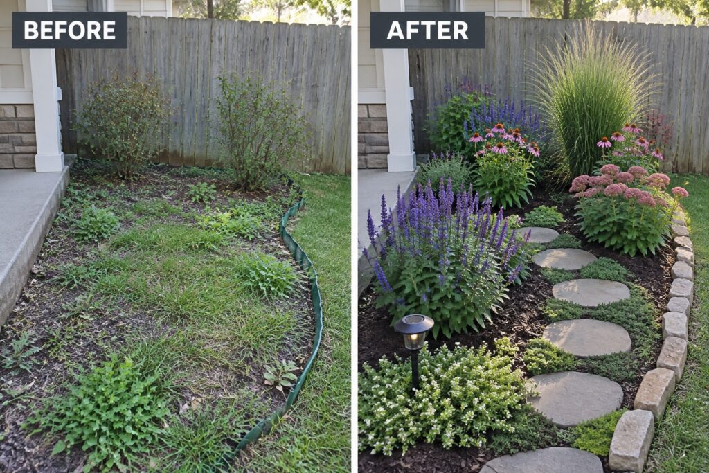 23 Dramatic Small Garden Before and After Transformations Without Expanding the Footprint Before and after backyard garden makeover from weeds to blooming flowers and stone path