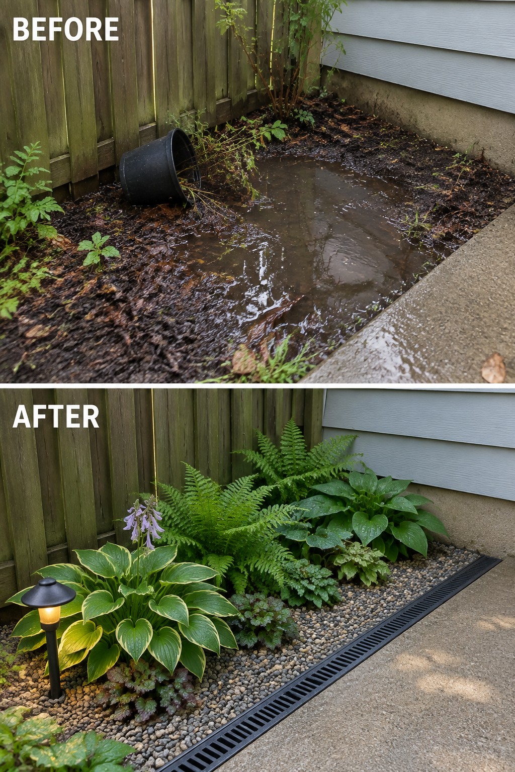 Before-and-after image of a muddy overgrown garden bed changed into a neat gravel planting area with ferns, hostas, and a drainage channel along a house wall.
