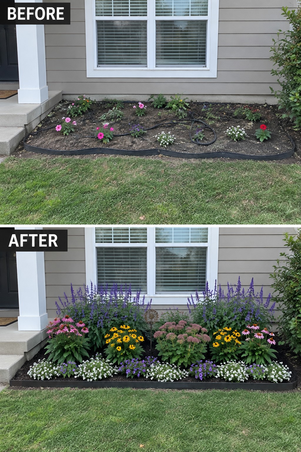 Before-and-after image of a sparse front flower bed changed into a layered garden border with clean edging and colorful plants.