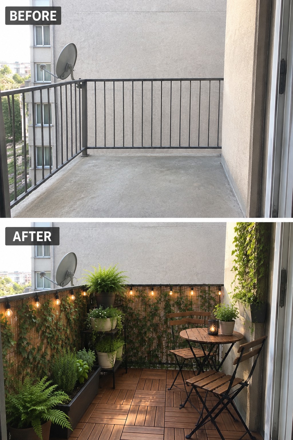 Before-and-after image of a bare concrete balcony transformed into a furnished outdoor space with deck tiles, seating, plants, and string lights.
