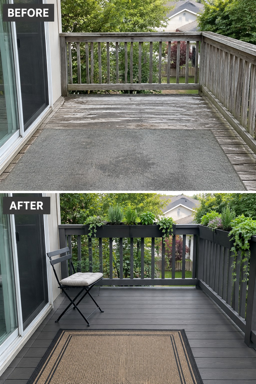 Before and after of deck: weathered wood with gray rug, renovated dark stain with chair and planters