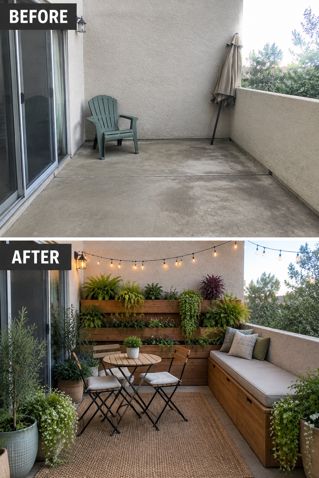 Before and after of a concrete balcony transformed into a lush plant-filled patio with lights and seating.