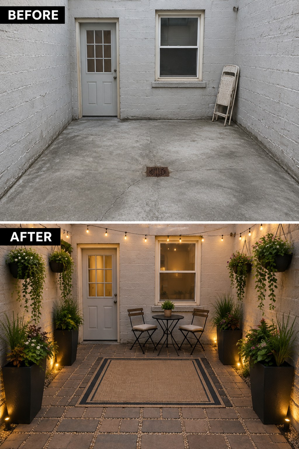Before: empty concrete patio; after: plant-filled brick courtyard with lights and rug.