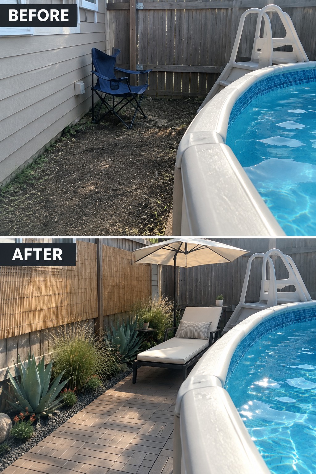 Before-and-after poolside yard: dirt patch with chair becomes paver patio with plants and lounge.
