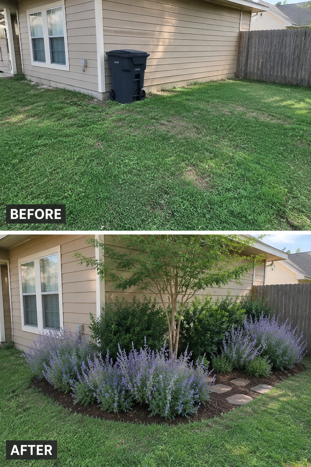 Before weedy lawn with trash can and after garden with tree, purple flowers, stepping stones
