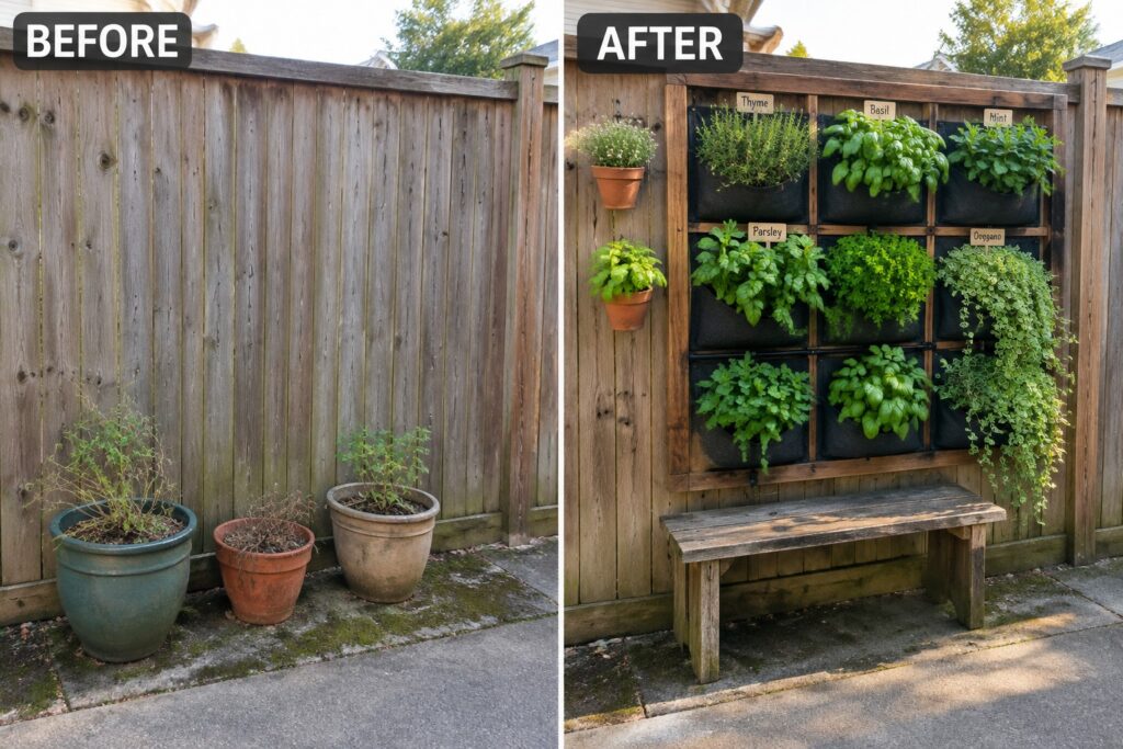 22 Smart Small Garden Makeover Ideas Using Vertical Planting Before-and-after image of a wooden fence with scattered pots on the ground changed into a vertical garden wall with multiple fabric planting pockets.