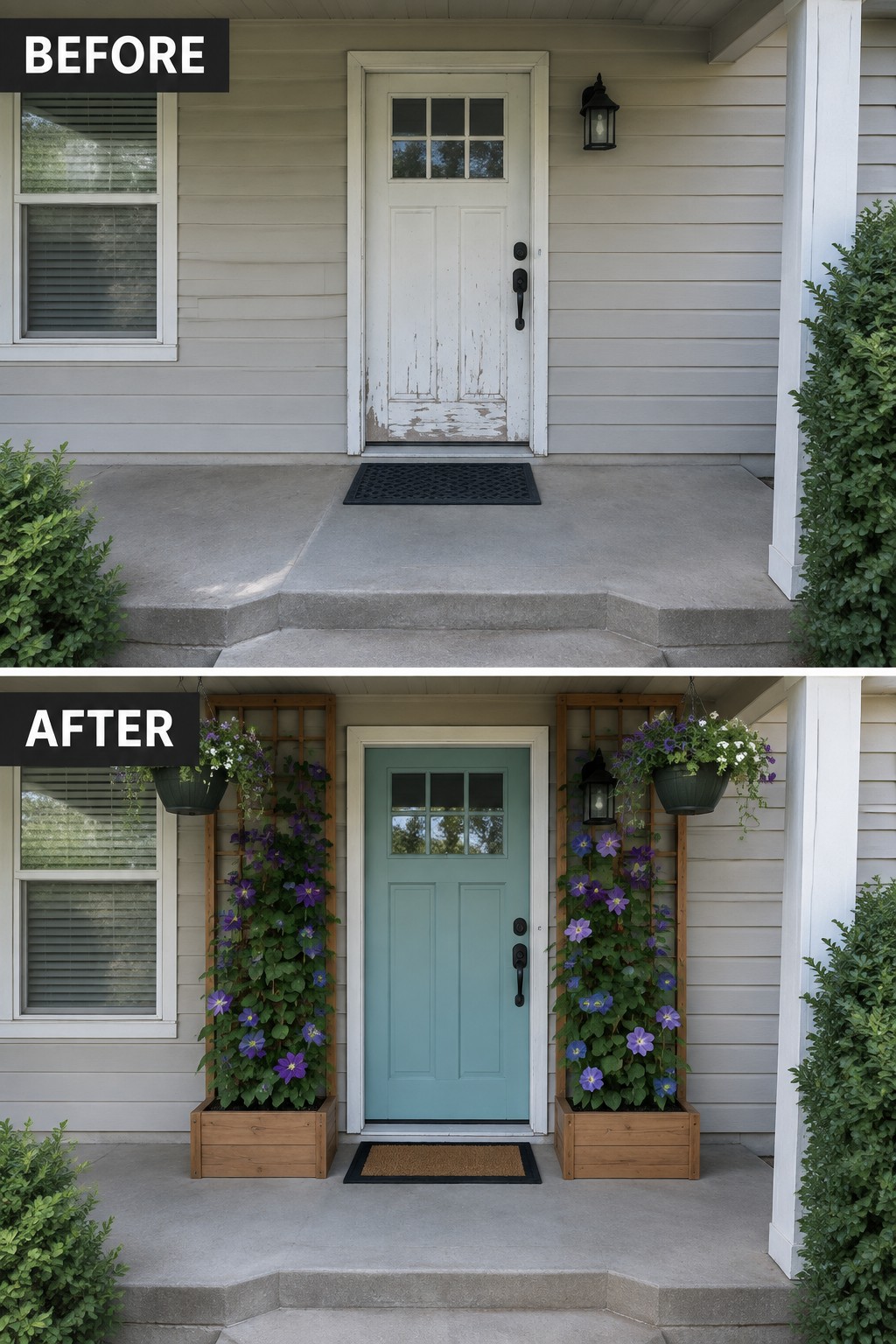 Before and after porch makeover with white door repainted teal and added flower trellises.