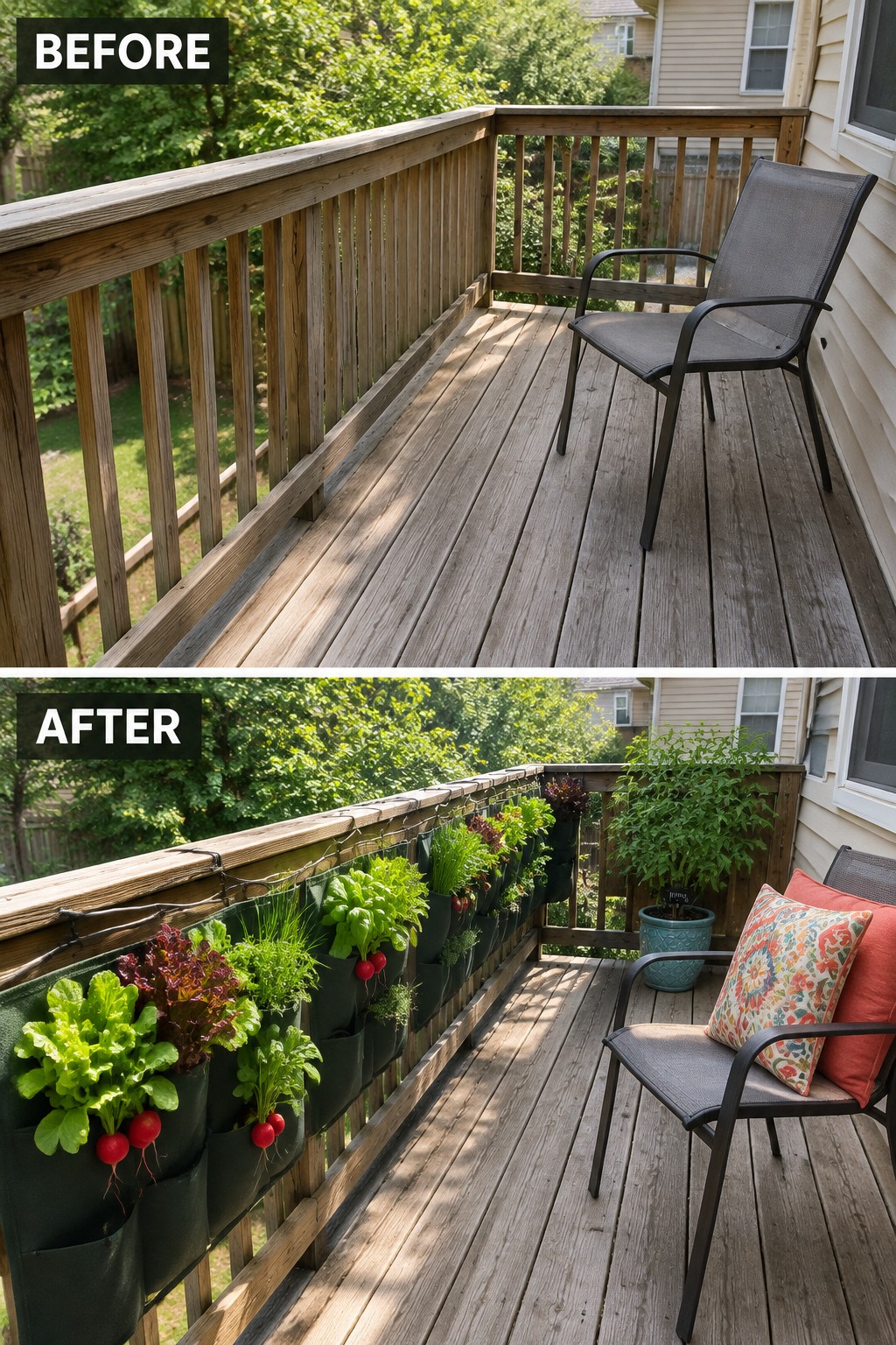 Before and after of wooden deck with vertical garden planters and string lights.