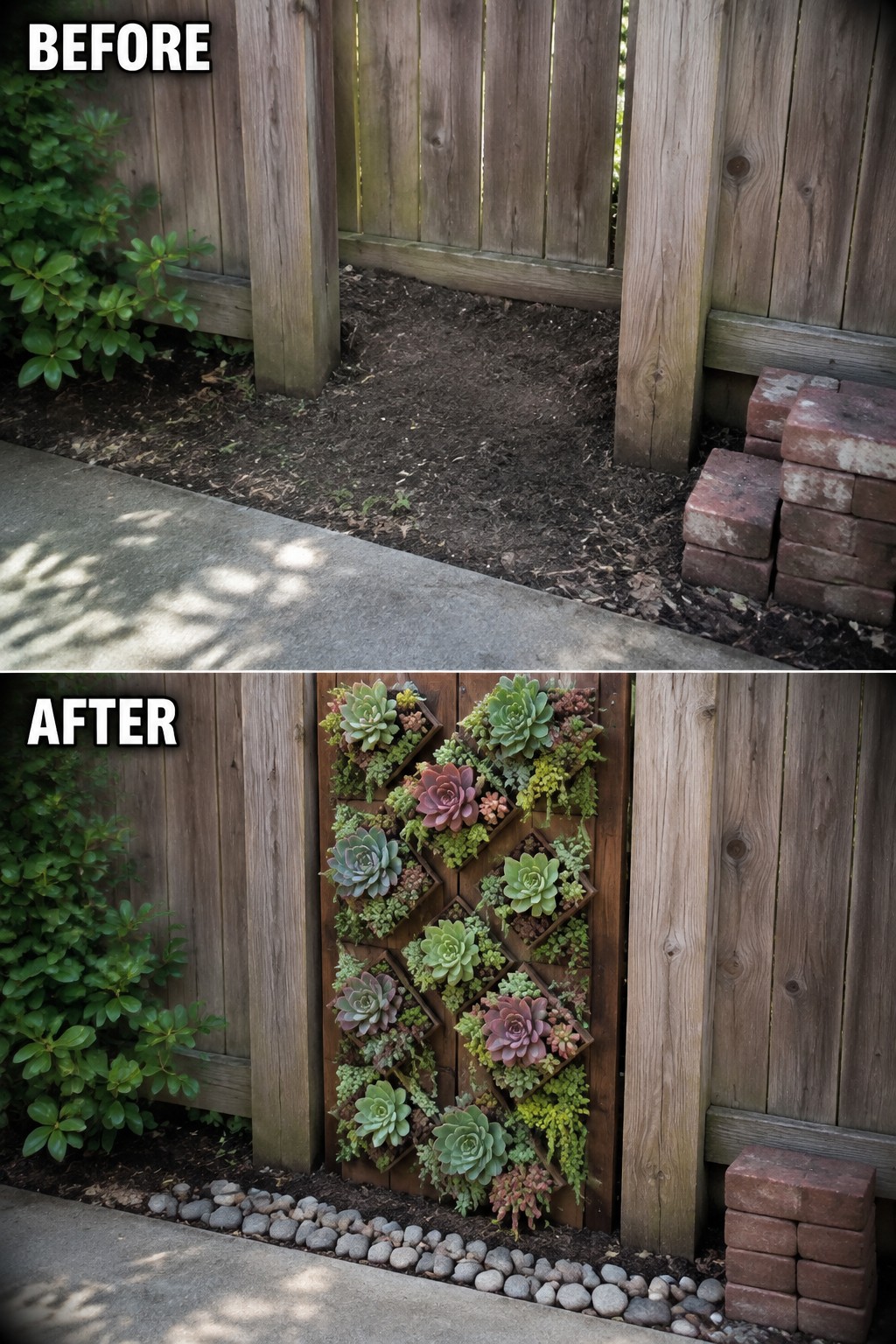 Before and after of wooden fence with added diamond succulent garden and pebbles.
