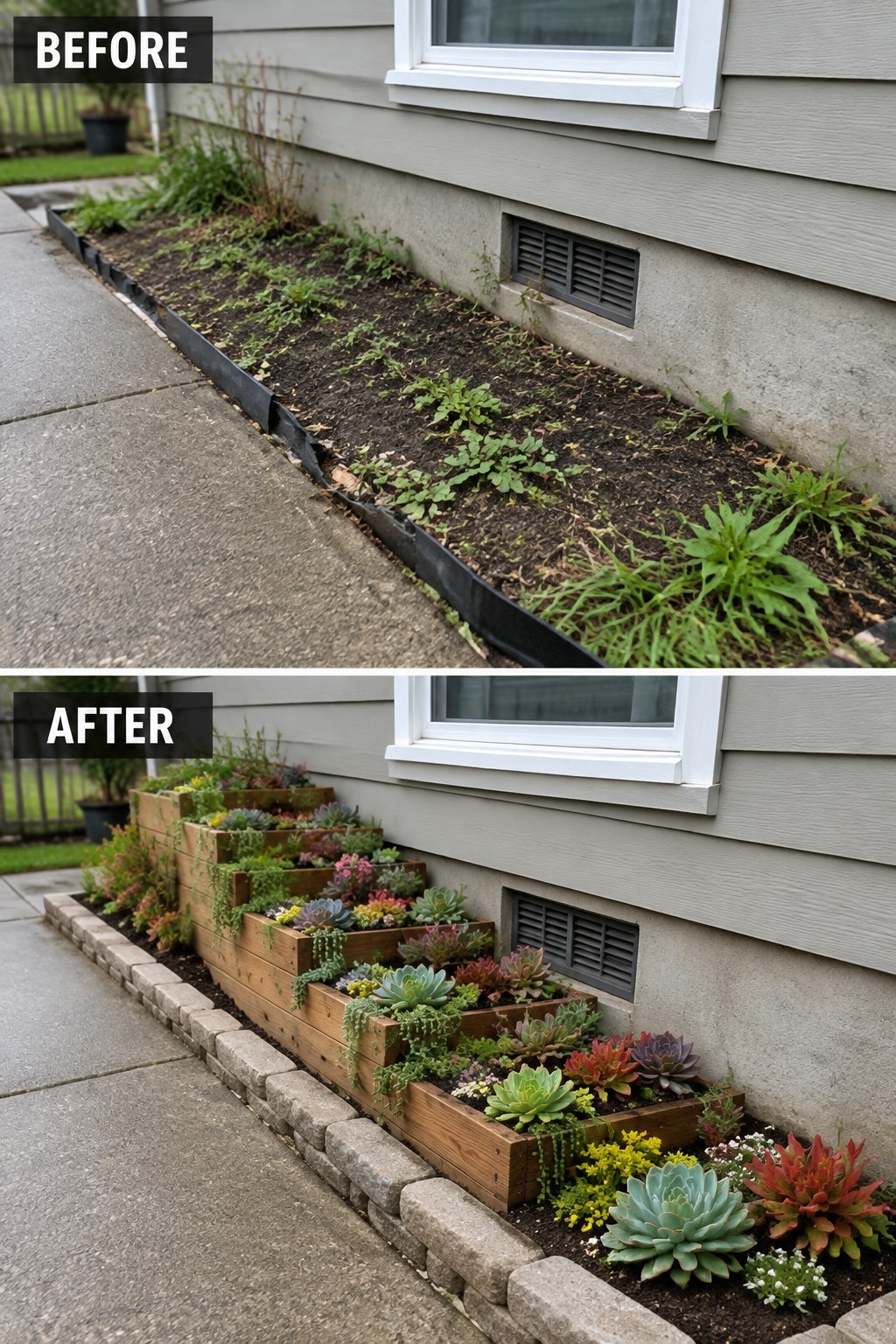 Before weedy bed and after tiered wooden planters with colorful succulents by house.