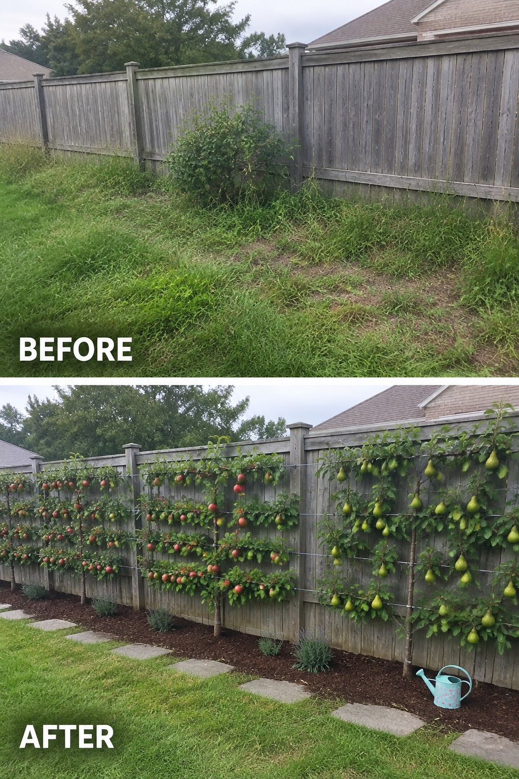 Before-and-after image of an overgrown fence line changed into a vertical fruit garden with espaliered apple and pear trees along a mulched border.