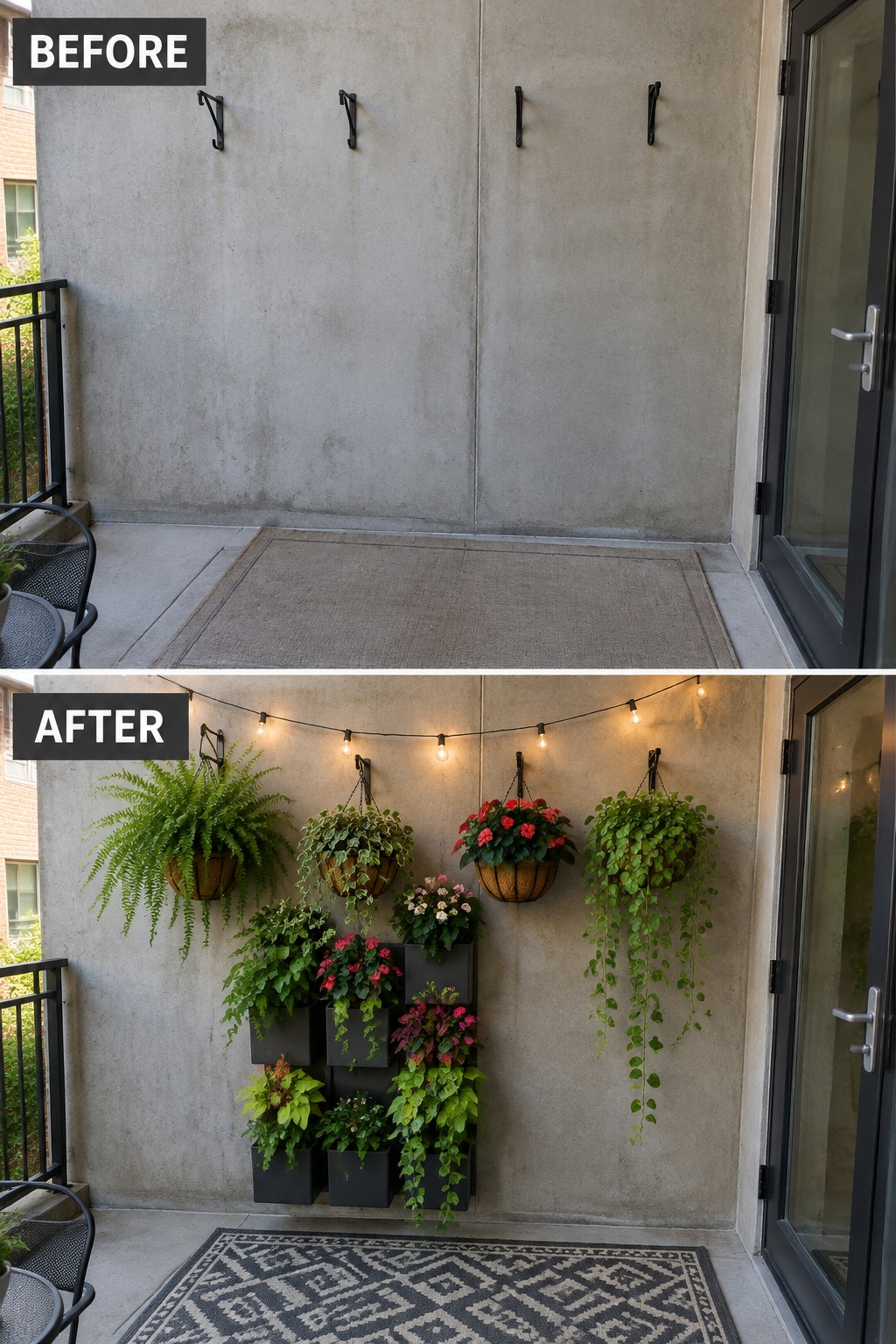 Before and after balcony wall with hanging plants, vertical garden, string lights and rug.