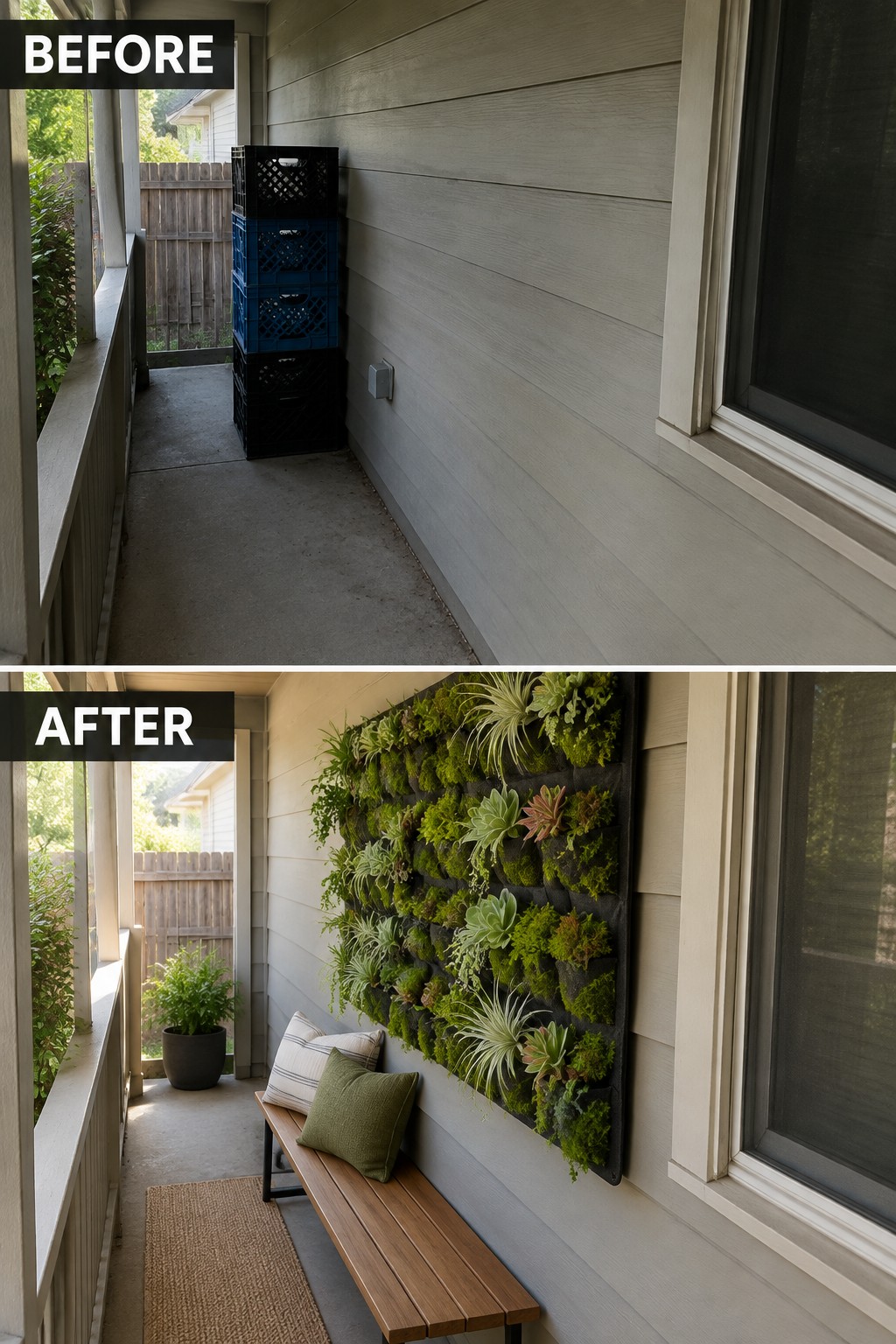 Porch before with stacked crates and after with vertical succulent garden and wooden bench.
