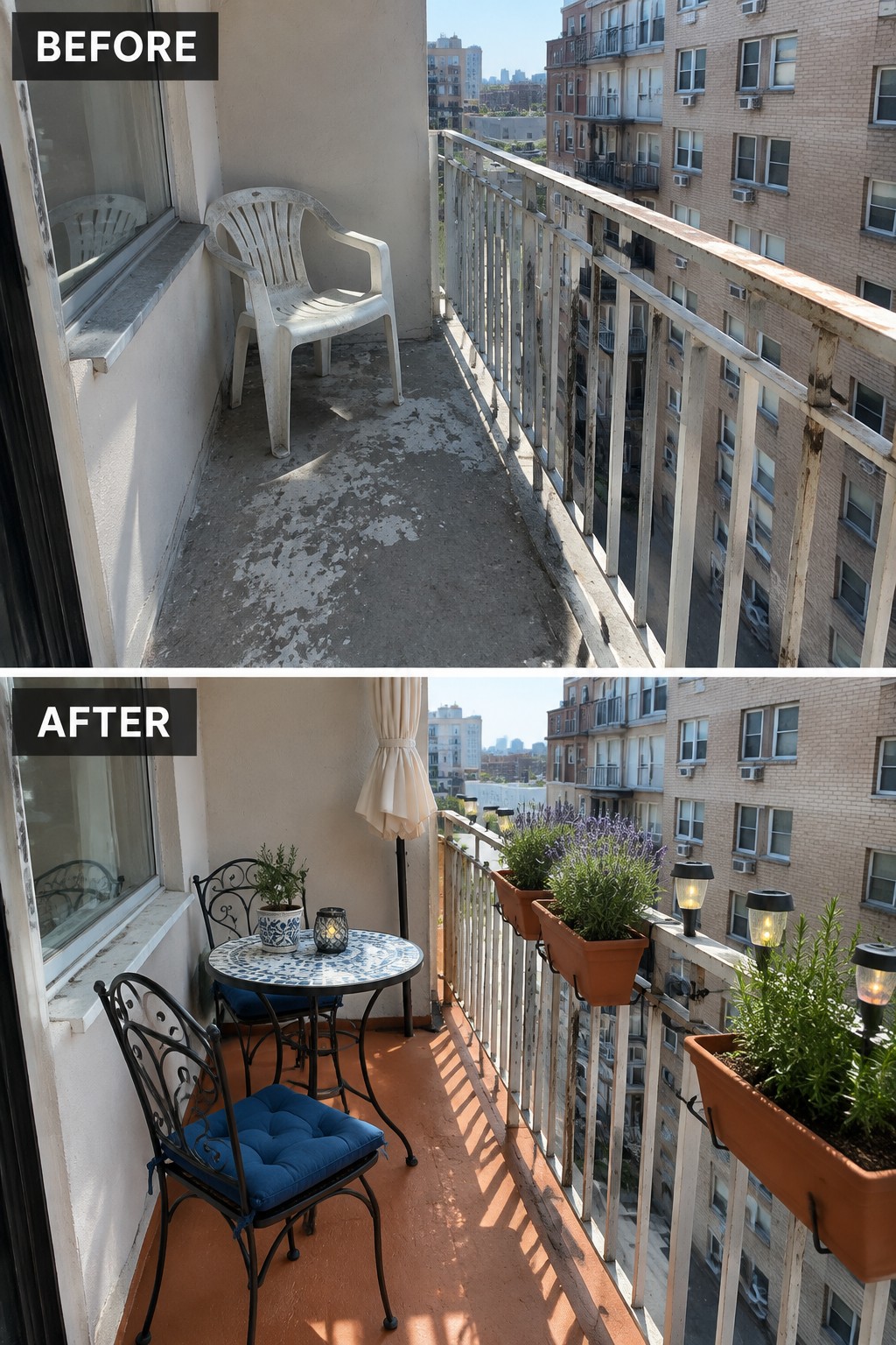 Before-and-after balcony renovation featuring new blue chairs, mosaic table, plants and lights.