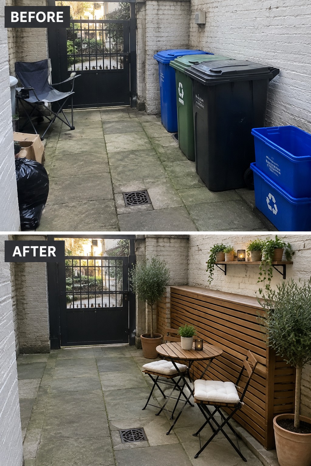 Before-and-after view of cluttered patio transformed into tidy seating area with plants and bench.