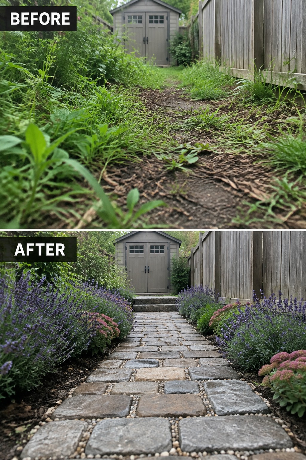 Before-and-after garden path: overgrown weeds transformed into stone walkway lined with purple flowers