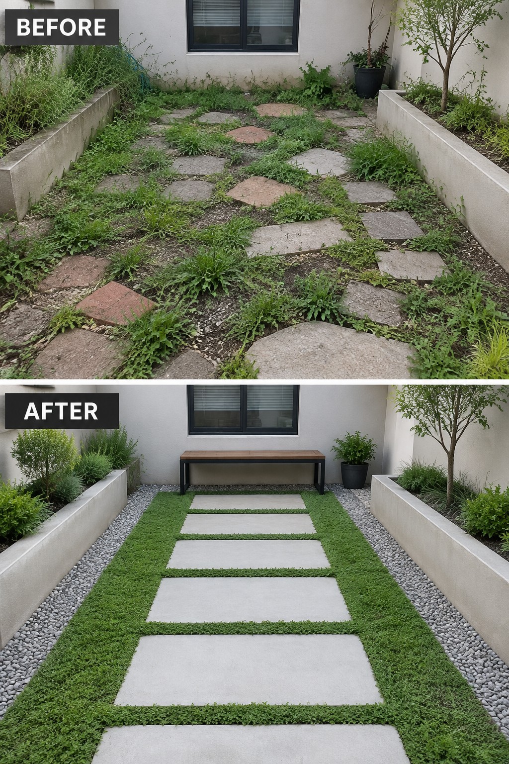 Before and after of overgrown garden path transformed into neat walkway with bench.