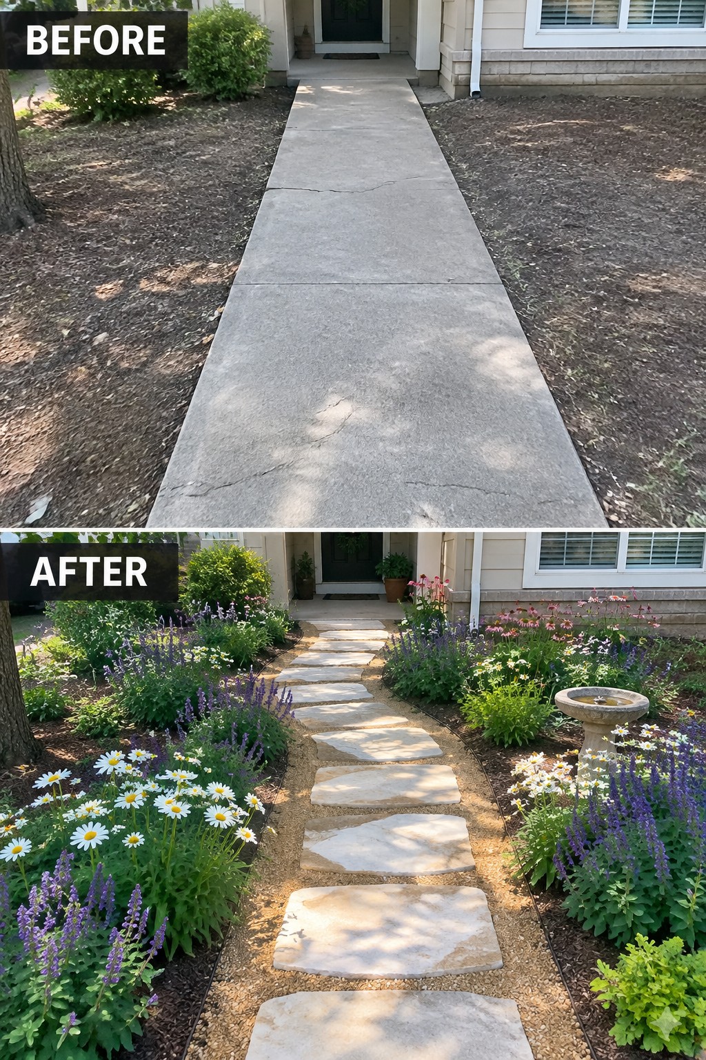 Before-and-after concrete walkway transformed into stone path amid colorful flower gardens.