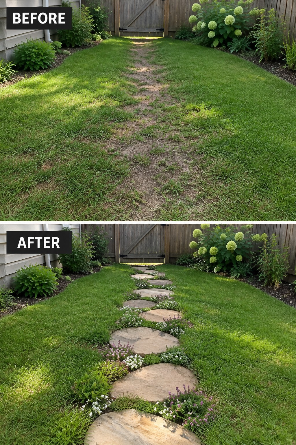 Before and after of dirt path through lawn turned into stone walkway with flowers.