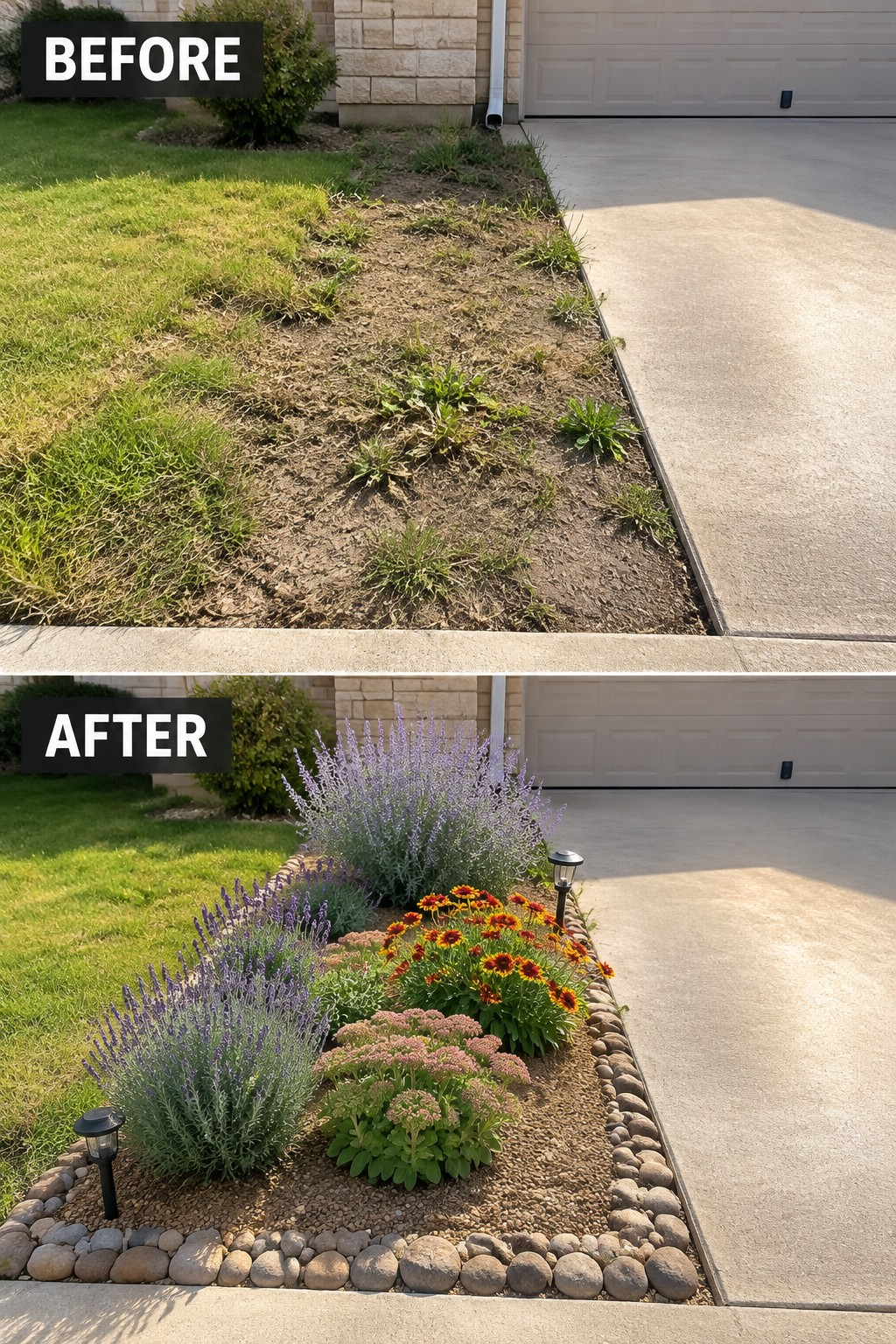 Before-and-after image of a weedy dirt strip next to a driveway changed into a bordered flower bed with lavender, flowers, rock edging, and gravel.