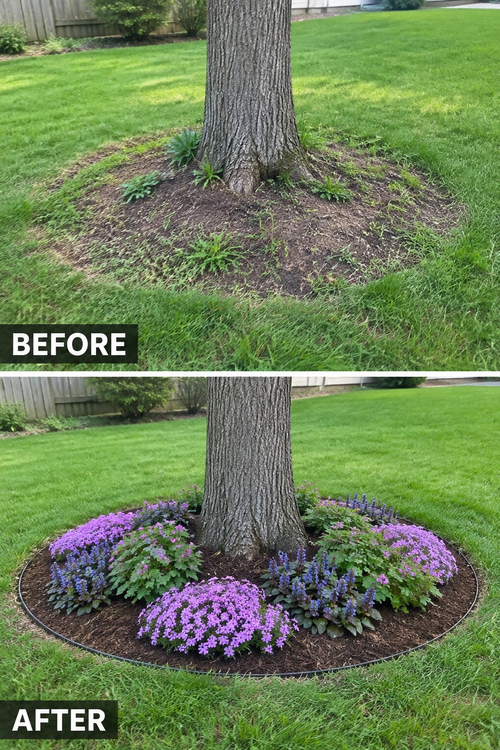 Before-and-after image of a bare tree base with weeds changed into a circular mulched flower bed with edging.