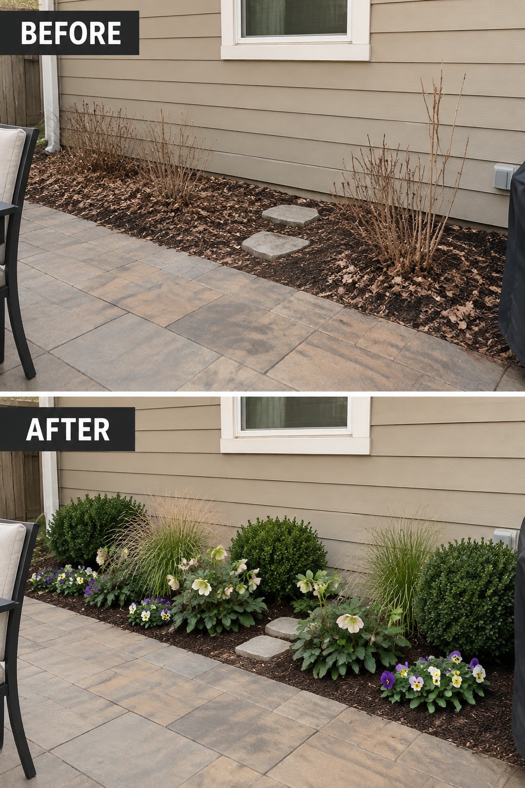 Before and after of dry shrubs replaced by lush flowering garden bed along house.