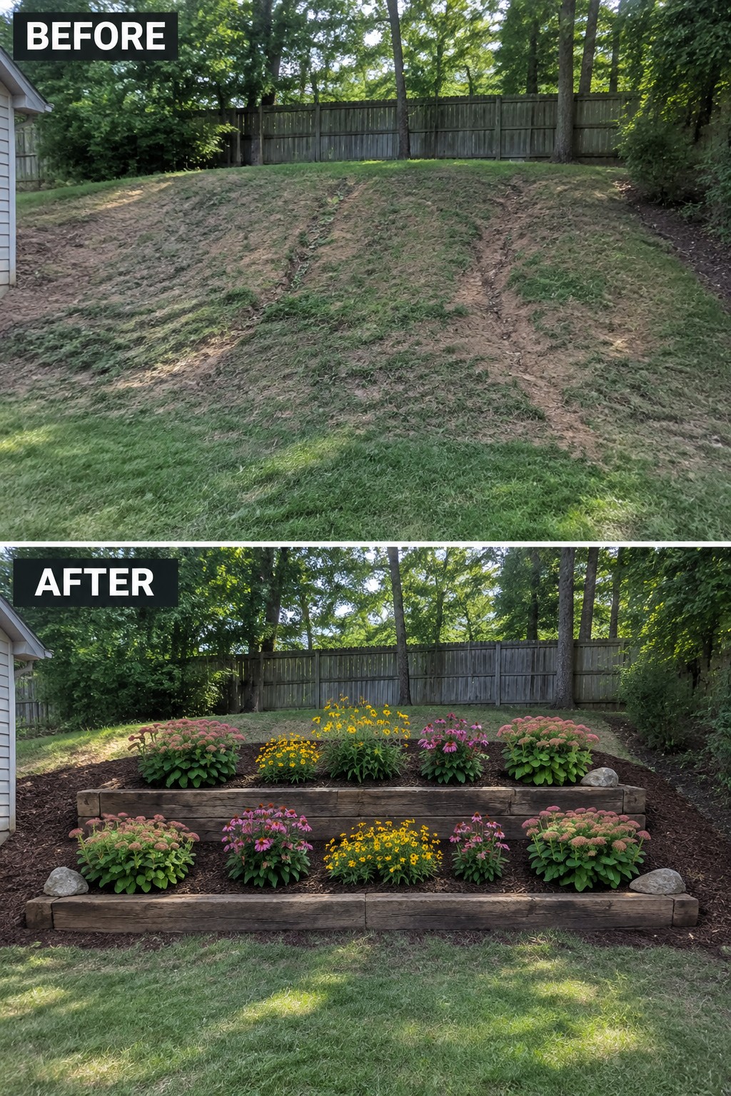 Before and after of bare hillside transformed into tiered flower garden with retaining walls.