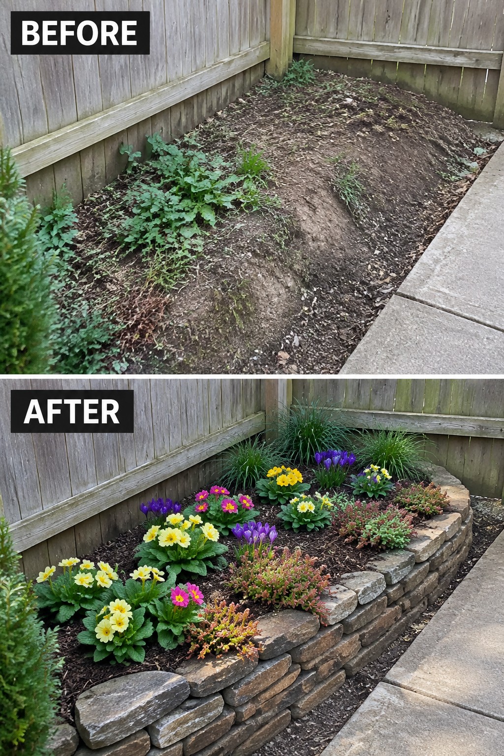Before-and-after image of an overgrown dirt area along a fence changed into a neat flower bed with stacked stone edging and colorful plants.