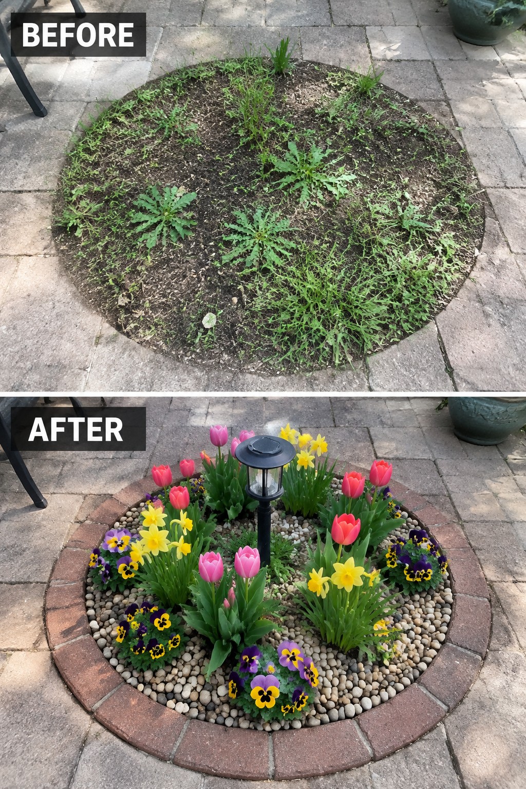 Before-and-after of weedy circular bed transformed into colorful tulip and daffodil garden with lamp.