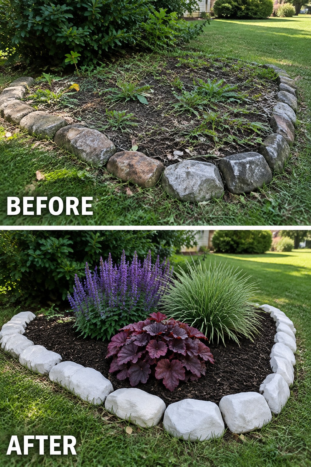 Before and after of weedy circular rock bed transformed into mulched garden with purple flowers