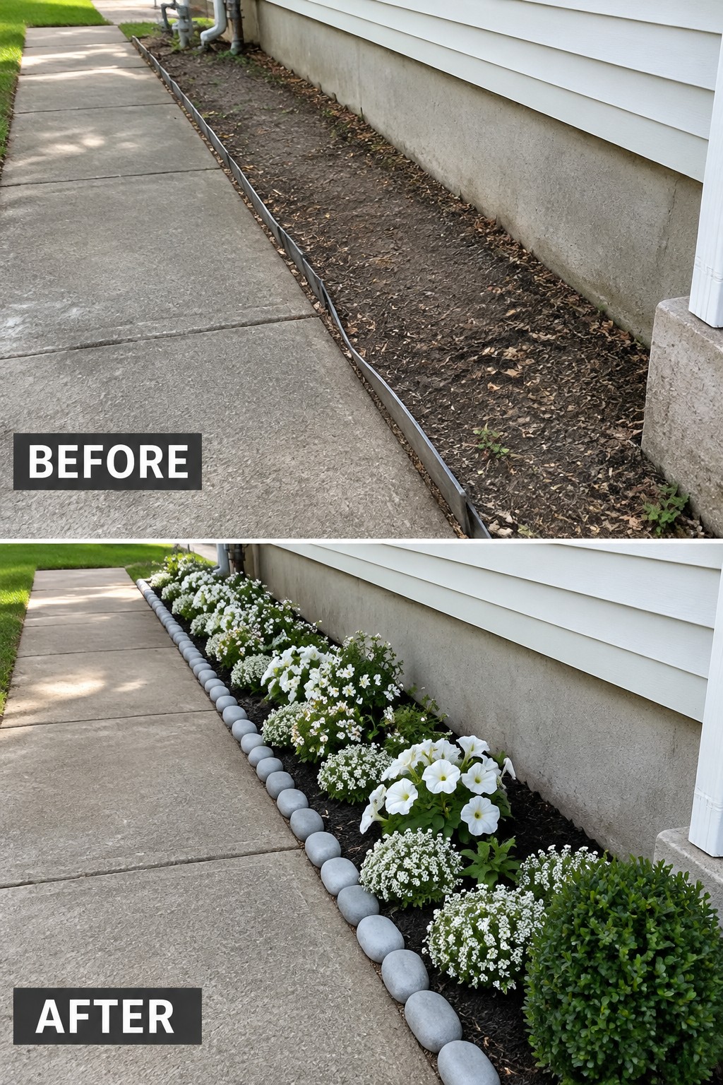 Before-and-after image of a bare dirt strip along a sidewalk changed into a planted flower bed edged with rounded stones.