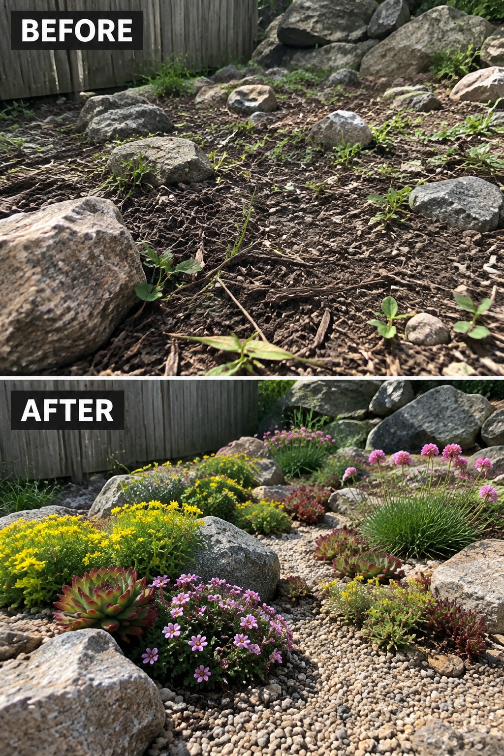 Before-and-after image of a rocky weedy area transformed into a gravel-based flower bed with colorful plants and succulents arranged around large stones.