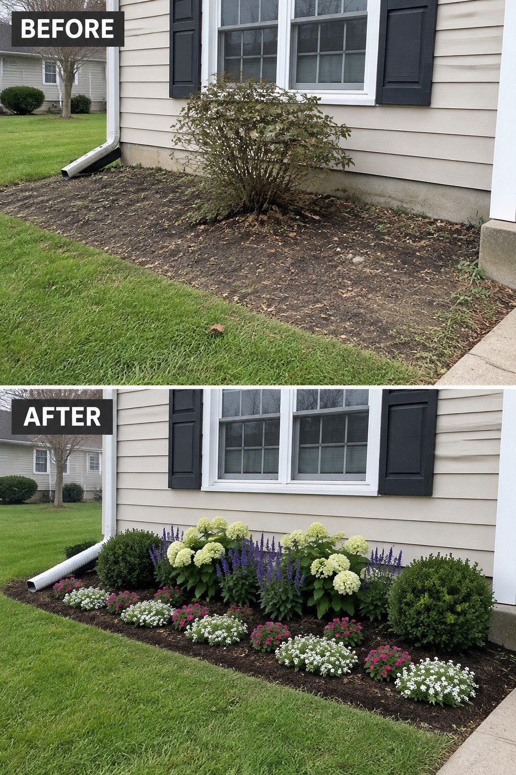 Before and after of bare mulch bed transformed into colorful flower garden.