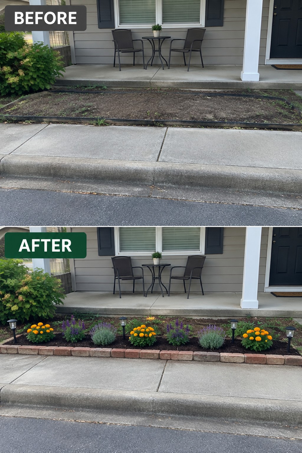 Before-and-after view of a house garden bed from bare dirt to colorful flowers and solar lights.