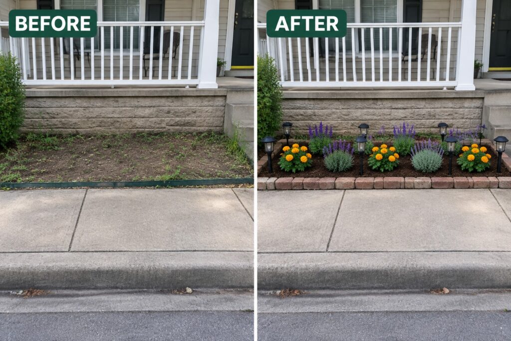 23 Easy DIY Flower Bed Ideas for One-Weekend Projects Before-and-after view of a house garden bed from bare dirt to colorful flowers and solar lights.