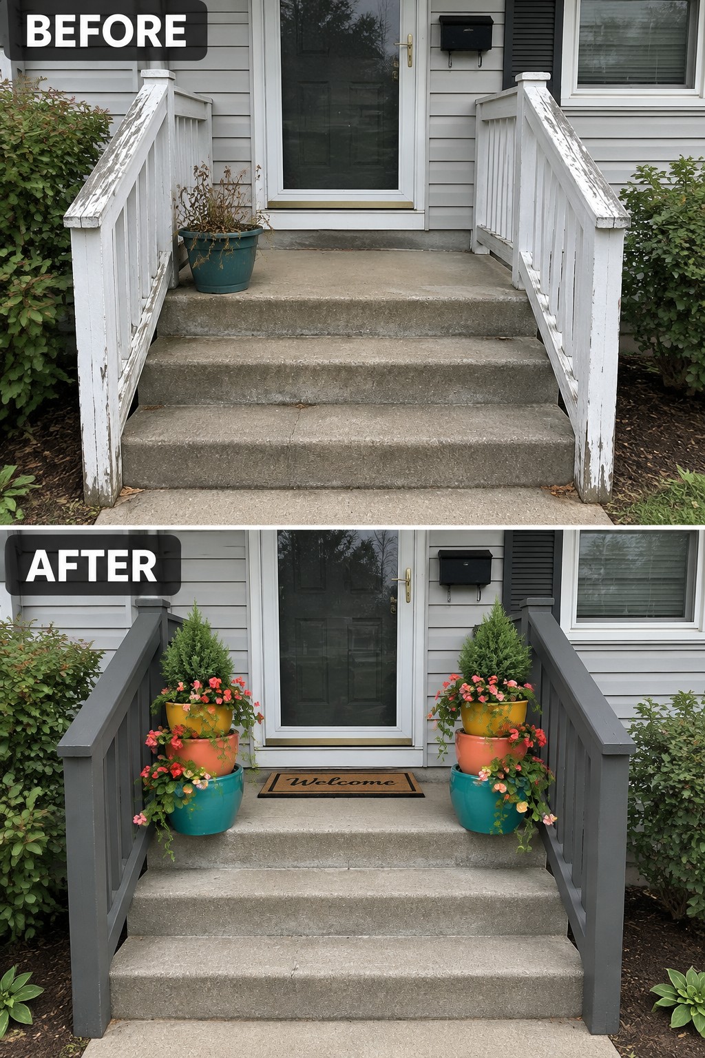 Before and after porch stairs with gray railings and colorful stacked flower pots.