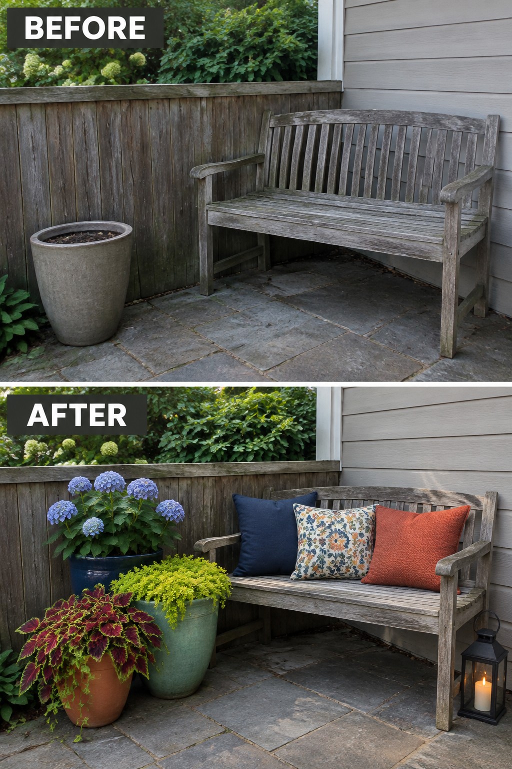 Before and after of weathered bench with added pillows, plants and lantern on patio