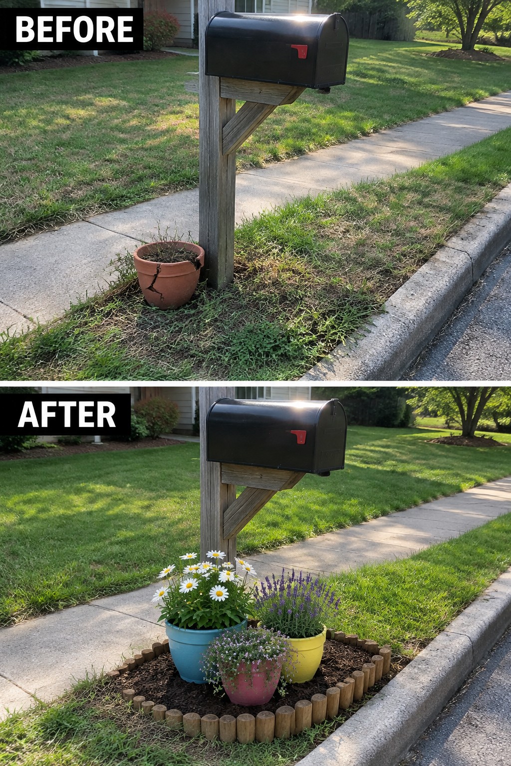 Before-and-after image of a mailbox post area changed from a single cracked pot to a bordered garden bed with colorful container groupings and mulch.