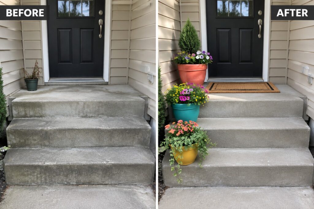 22 Fresh Garden Makeover Ideas Using Colorful Container Groupings Before and after of concrete steps with colorful potted flowers beside black door