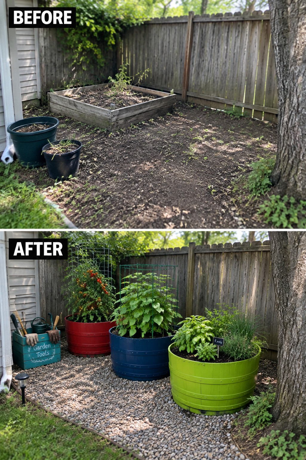 Before and after backyard garden with wooden bed replaced by colorful barrel planters