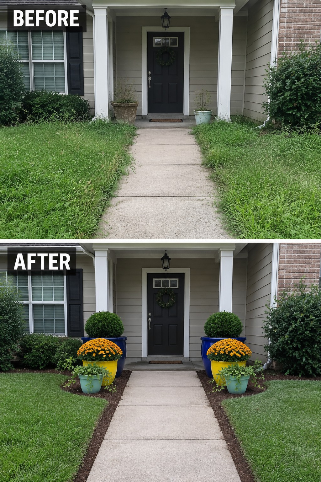 Before-and-after front entrance showing overgrown lawn transformed with colorful potted flowers and mulch beds