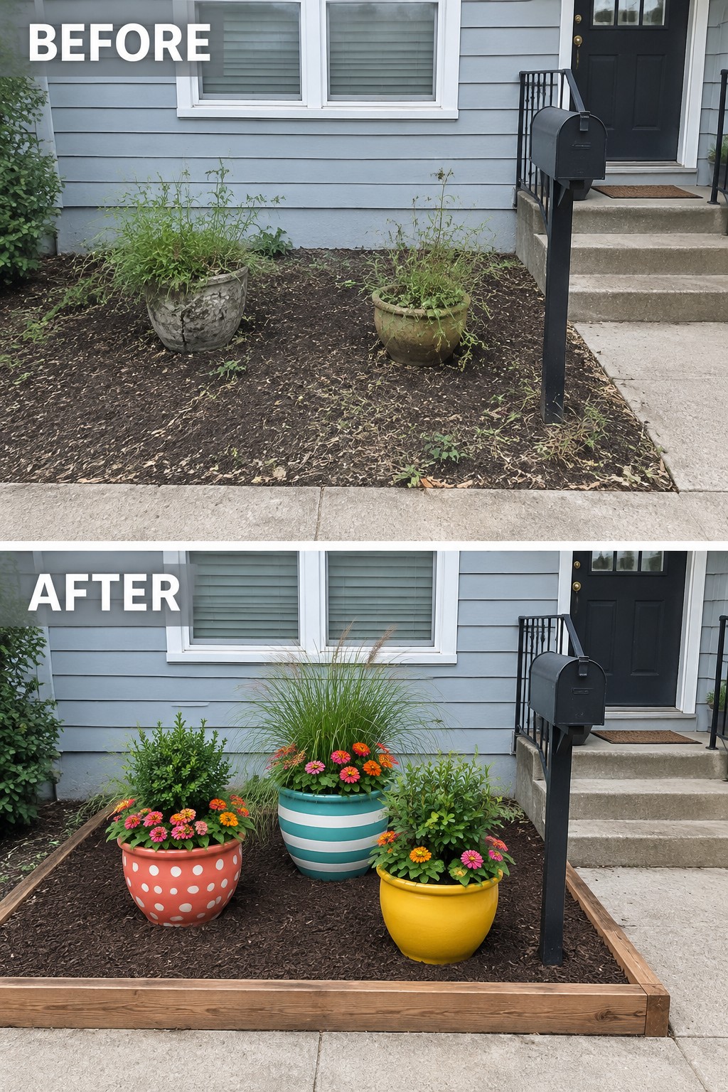 Before and after of front garden bed with colorful flower pots and fresh mulch