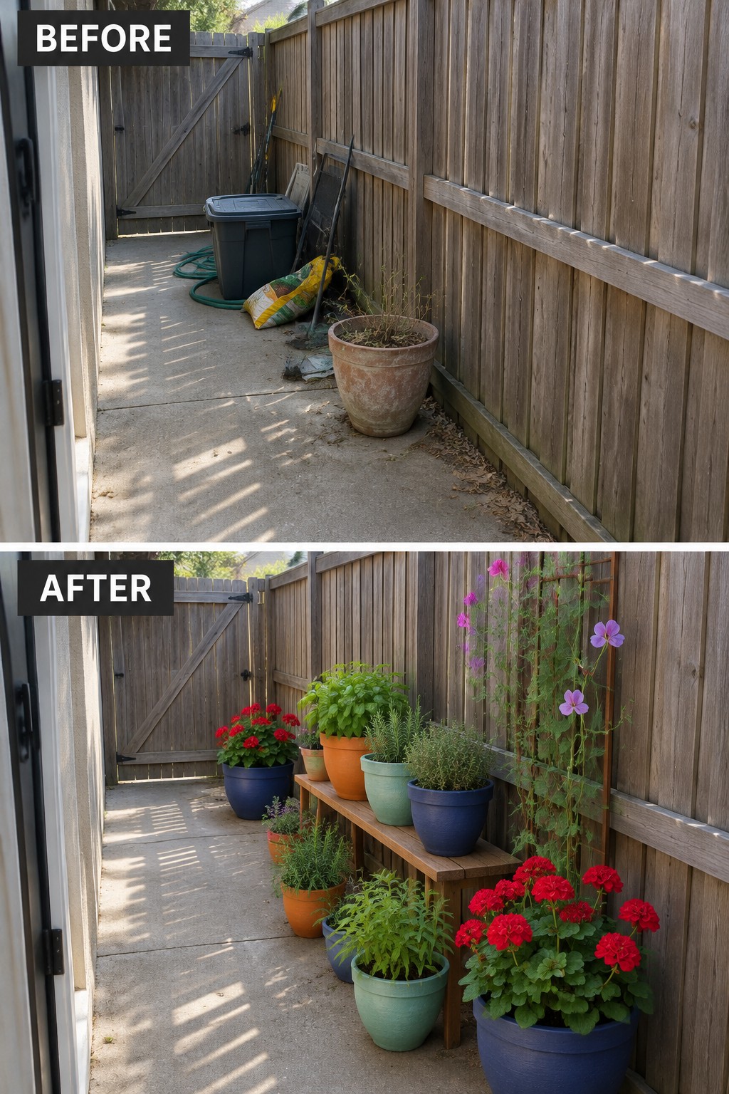 Before-and-after image of a cluttered concrete side yard transformed into an organized container garden with colorful pots arranged on a bench and along a wooden fence.