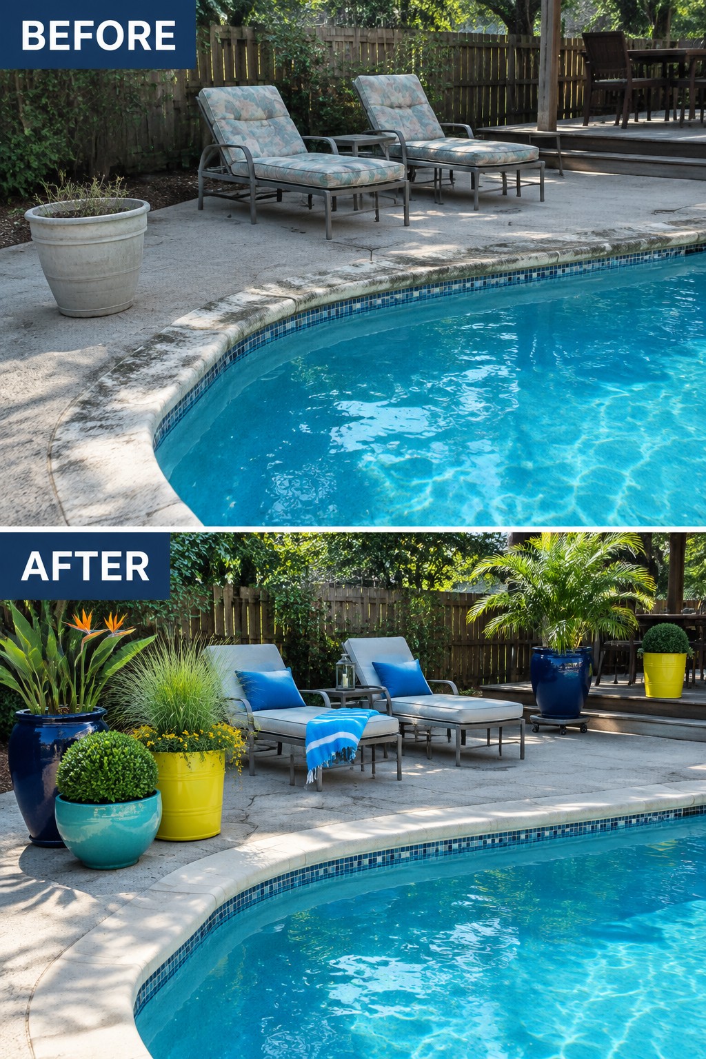 Before-and-after pool patio with new colorful planters and updated lounge chairs