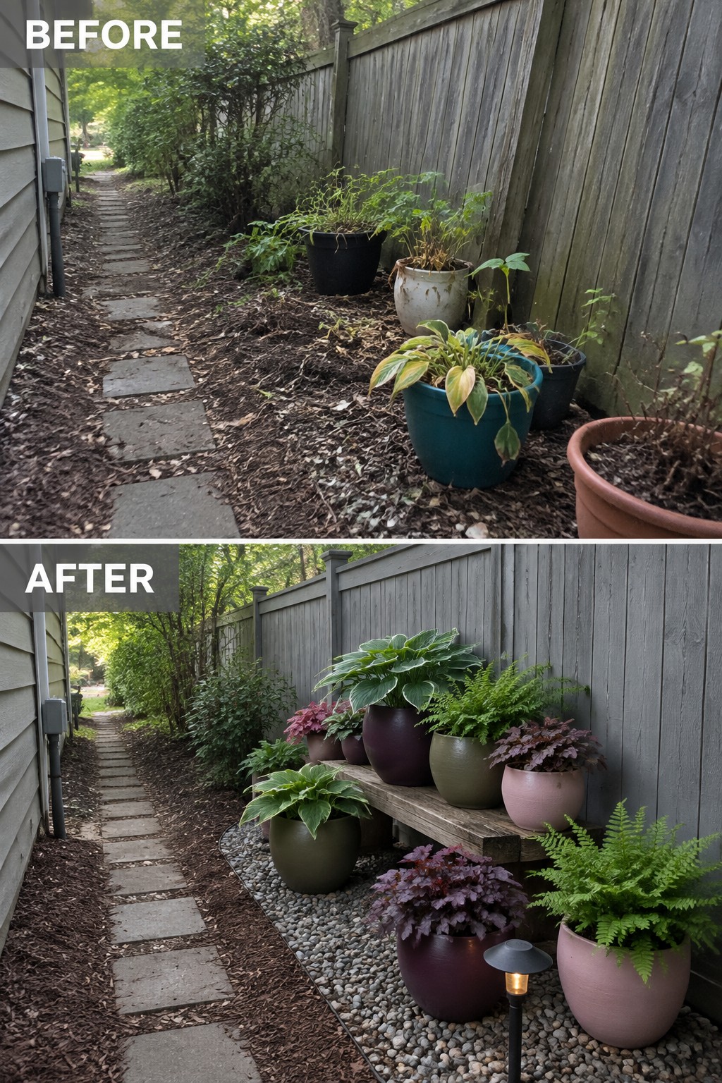 Before-and-after image of scattered potted plants along a fence changed into an organized grouping on a wooden bench over gravel with added lighting.