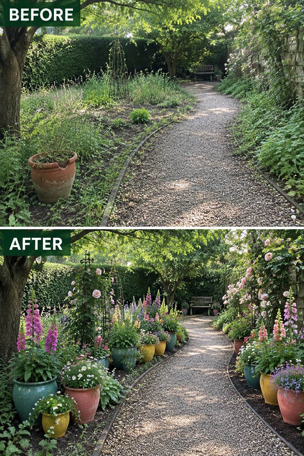 Before and after of garden path with colorful potted flowers and plants.