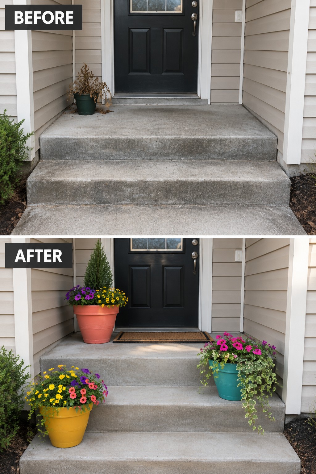 Before and after of concrete steps with colorful potted flowers beside black door