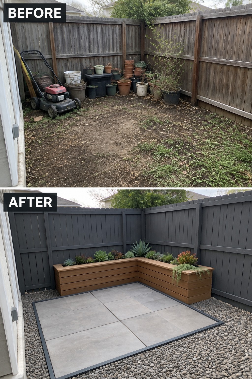 Backyard before messy dirt with mower and pots, after modern tiled patio with planters.