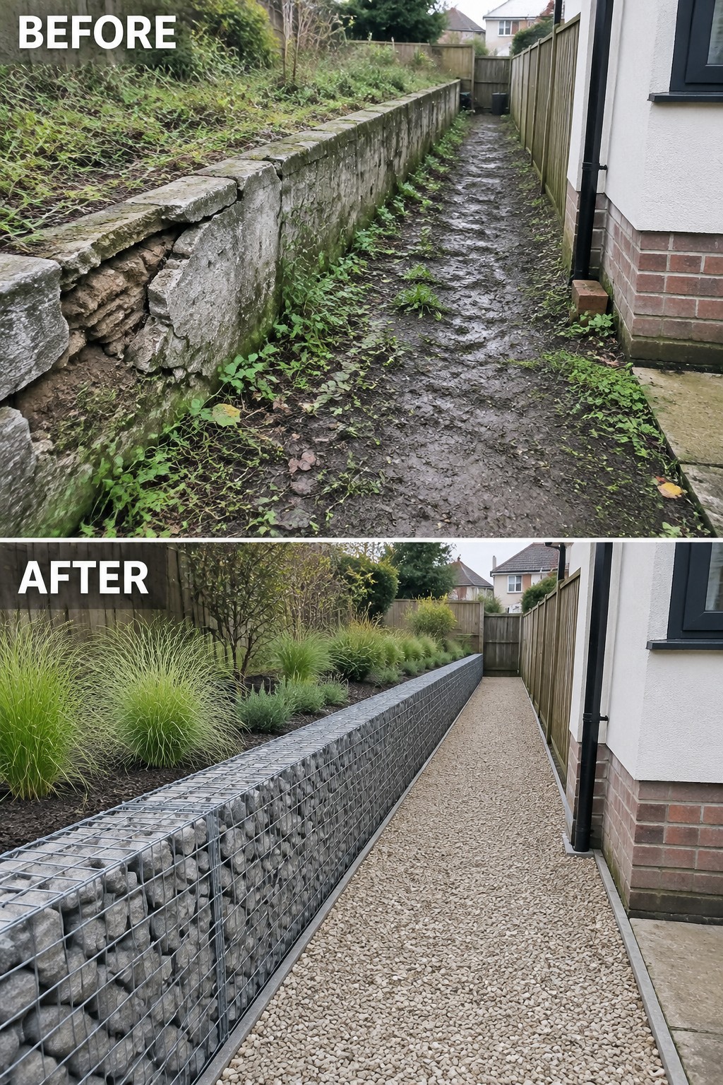 Before-and-after garden path: muddy weeds replaced by gravel and gabion stone wall.